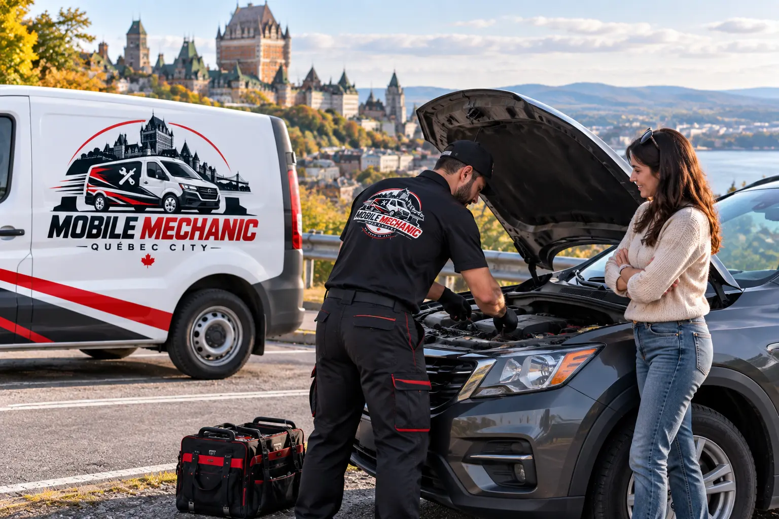 Mobile mechanic repairing a car on a driveway in Quebec City